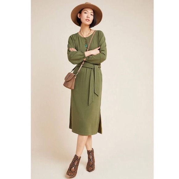 Anthropologie Thalia  Dress Size Small Moss Green Belt Waist Lagenlook Midi NWT - Picture 2 of 14
